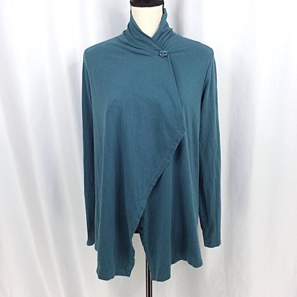 Columbia Wrap Cardigan Womens Size XS Teal Jersey Knit One Button Asymmetrical